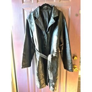 Vintage patch work 1980s black‎ leather trench coat womens size large with belt